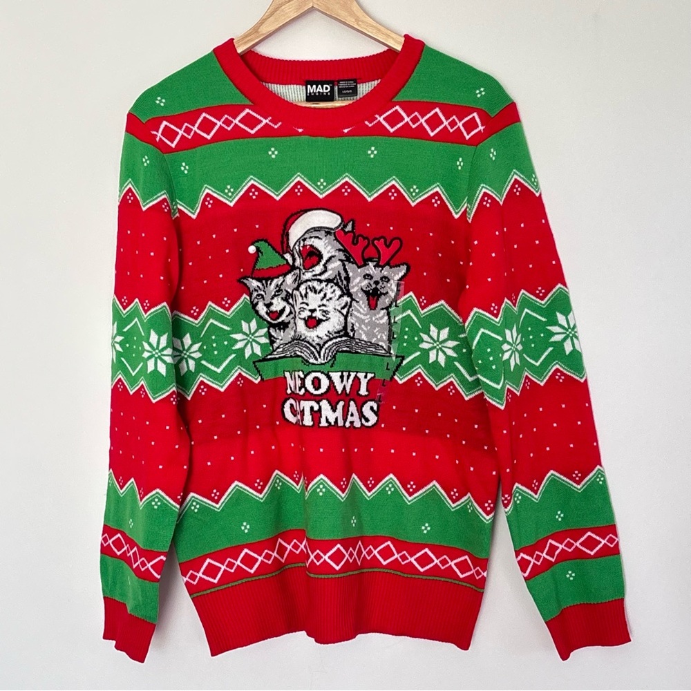 Mad Engine Holiday Festive Unisex Ugly Christmas Sweater Cats Size Large NEW